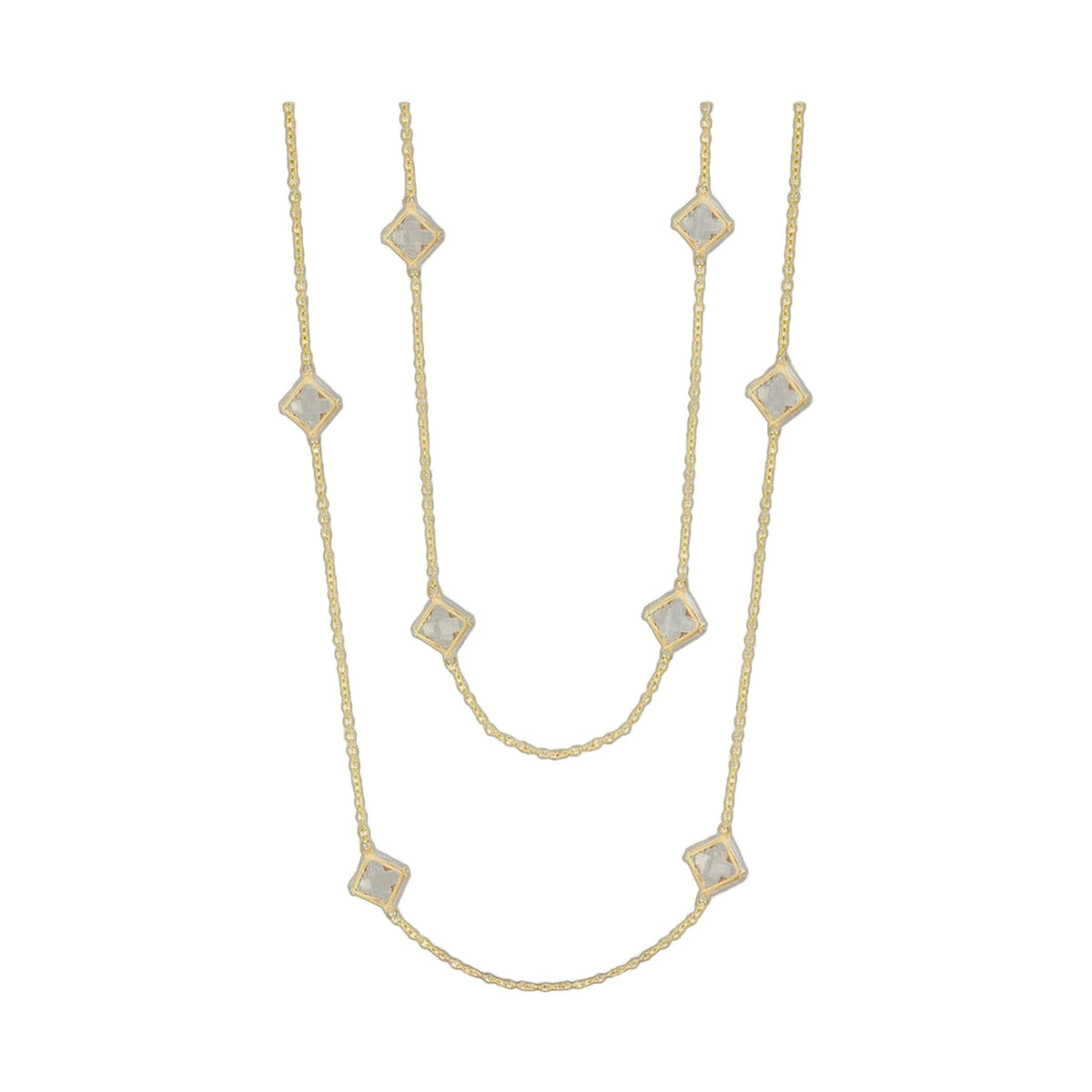 Prince Charming Long Necklace in gold-tone with square crystal pendants along delicate chain on Tampa Home & Garden Store