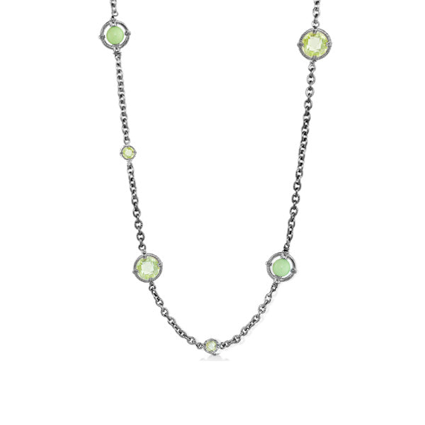 Long Daisy Swirl Necklace Lauren G Adams with lime-green circular settings on silver chain on Tampa Home & Garden Store