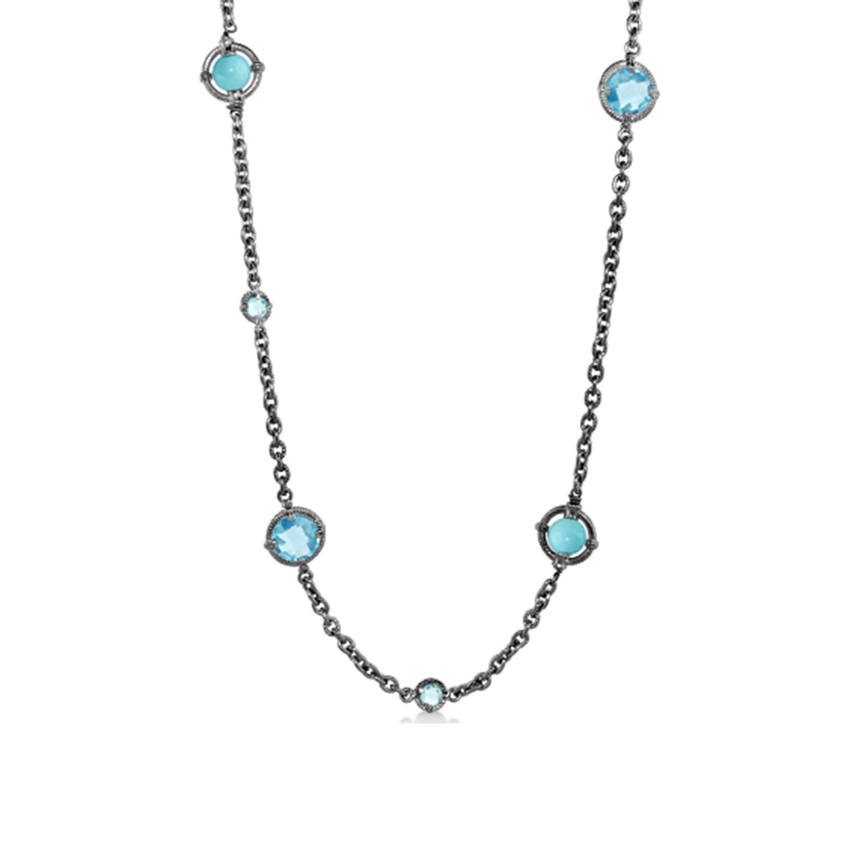 Daisy Swirl Necklace long silver chain with turquoise and sky-blue stones on Tampa Home & Garden Store