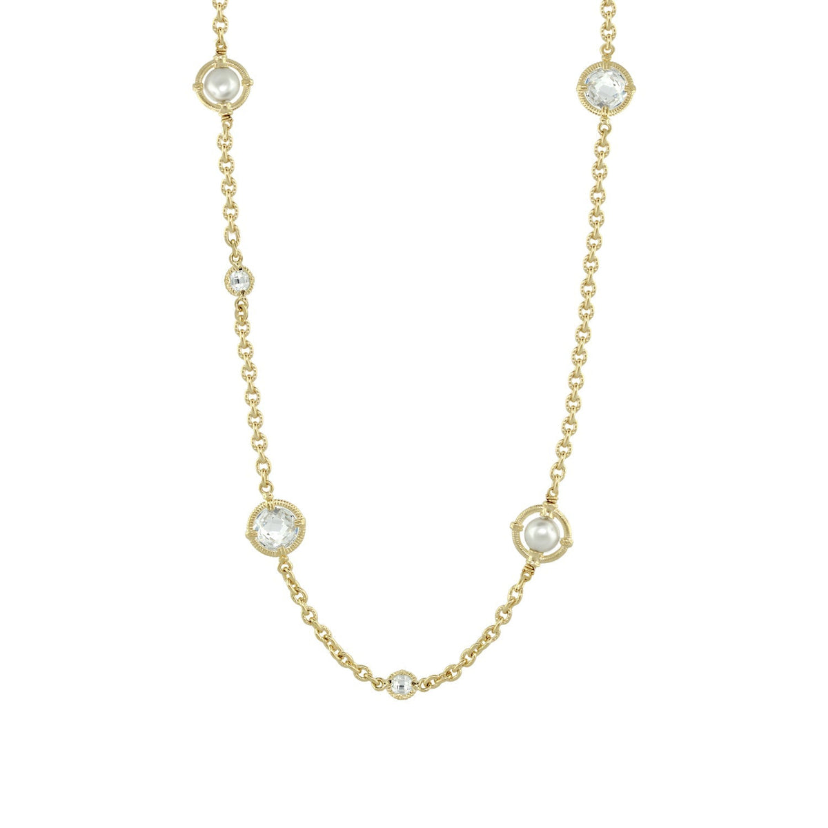 Daisy Swirl Necklace by Lauren G Adams, long gold-tone chain with pearl and crystal accents on Tampa Home & Garden Store