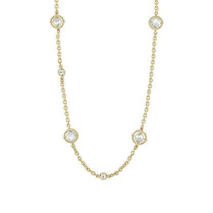 Daisy Swirl Necklace by Lauren G Adams, long gold-tone chain with pearl and crystal accents on Tampa Home & Garden Store
