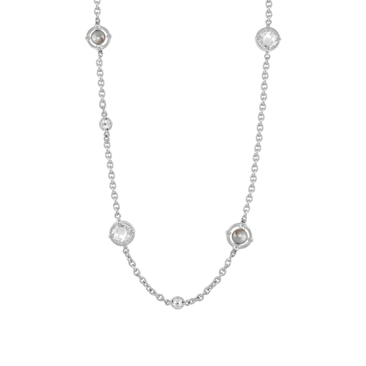 Daisy Swirl Necklace by Lauren G Adams, long silver chain with pearl and crystal circles on Tampa Home & Garden Store
