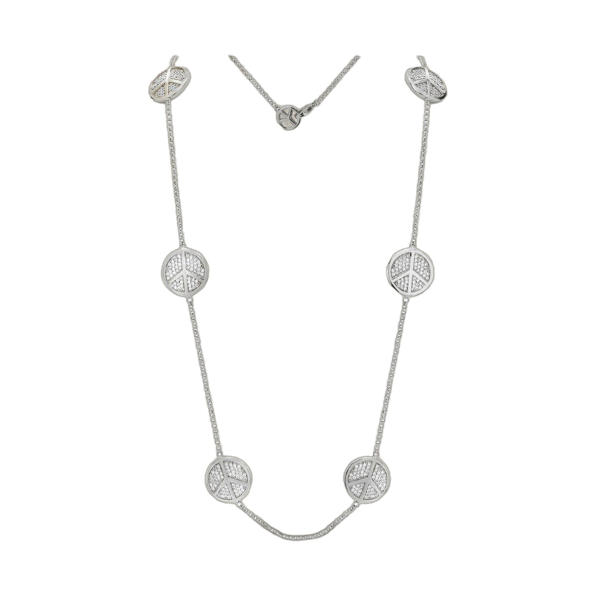 Rhodium finished long necklace with peace sign charms on pavé chain by Lauren G Adams on Tampa Home & Garden Store