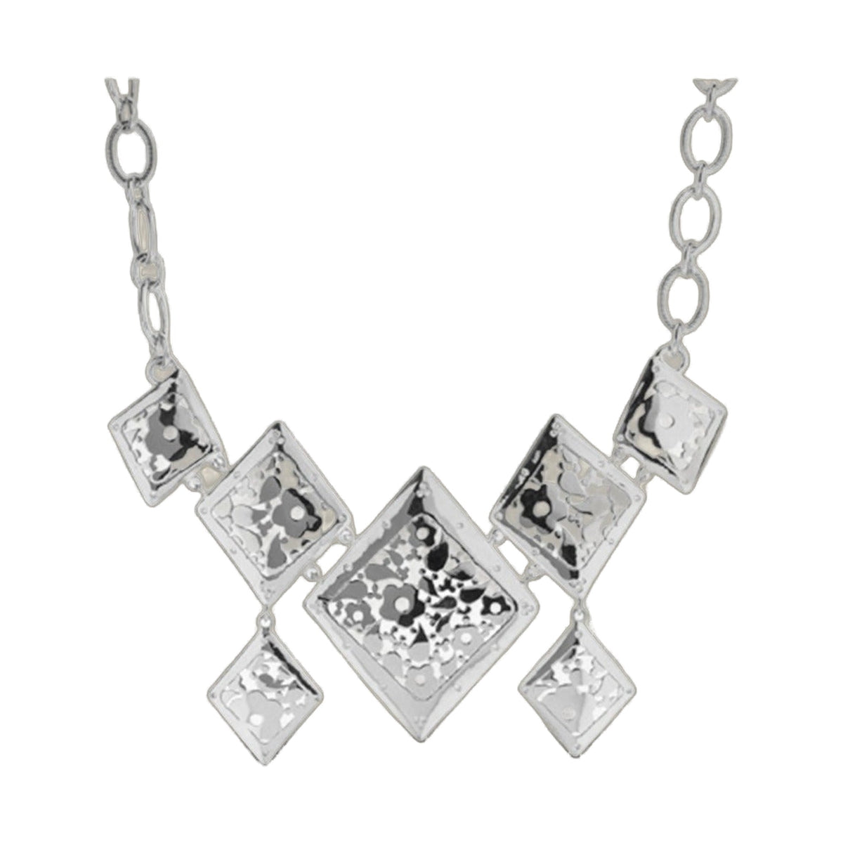 Flowers by Orly Necklace, silver-tone geometric square crystal pendants, statement piece on Tampa Home & Garden Store