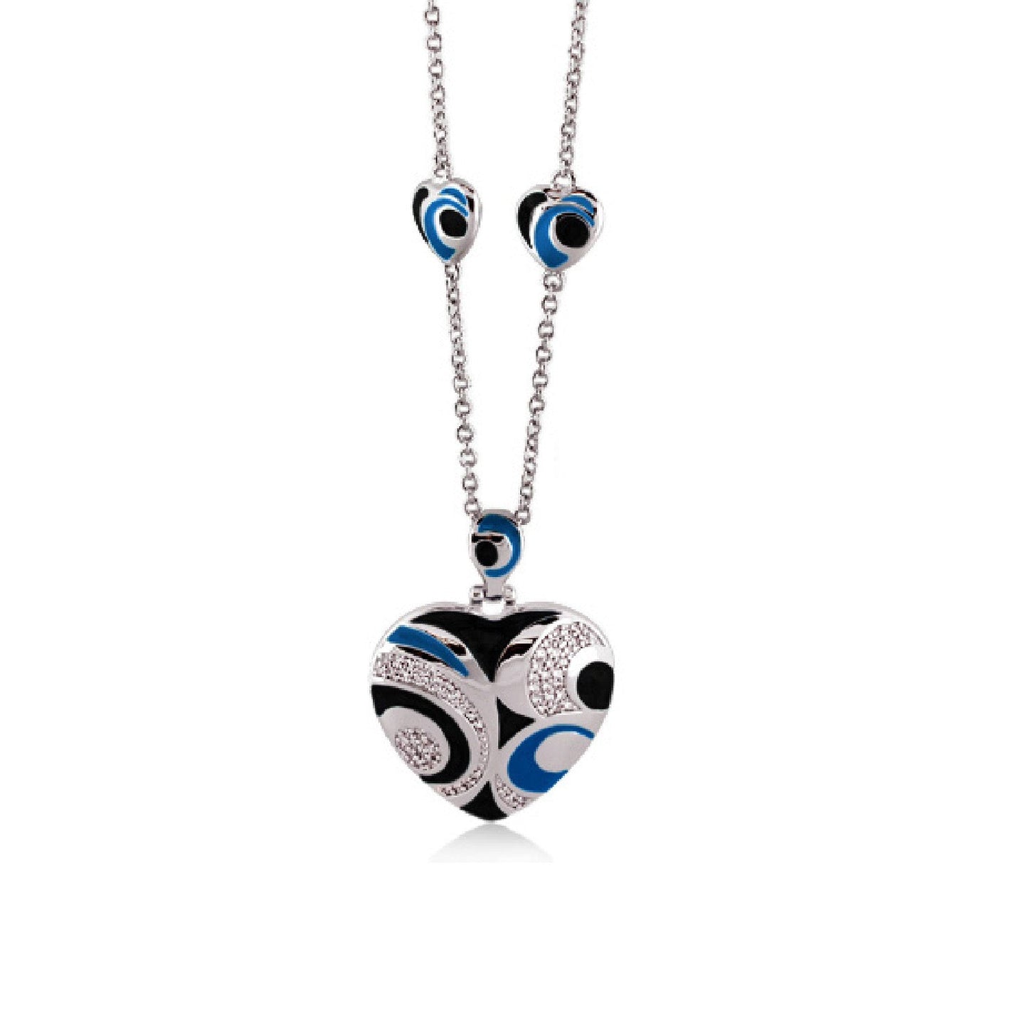 Lauren G Adams Modern Art Necklace pendant heart with blue black white enamel on a silver chain on Tampa Home & Garden Store
