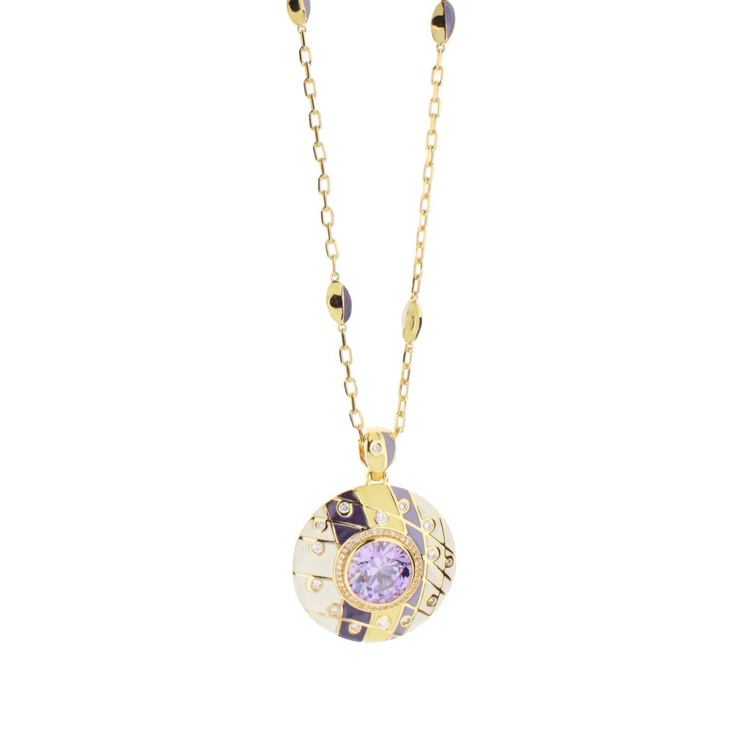 Sunburst pendant by Lauren G Adams, gold chain with purple enamel and lavender crystal on Tampa Home & Garden Store