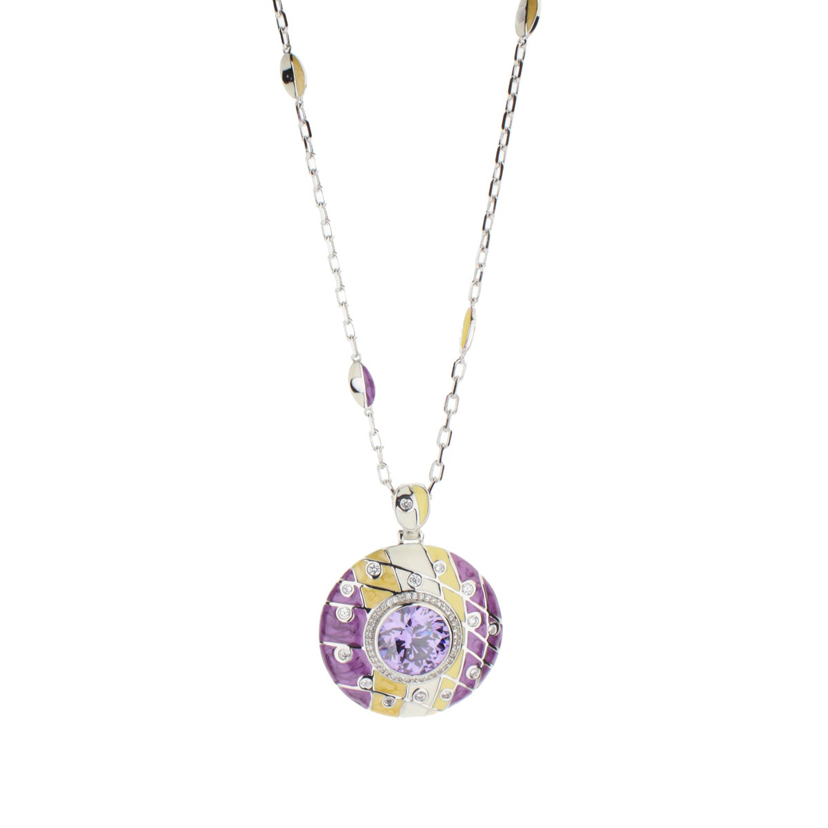 Sunburst Necklace by Lauren G Adams in purple and gold mosaic with crystals on silver chain on Tampa Home & Garden Store