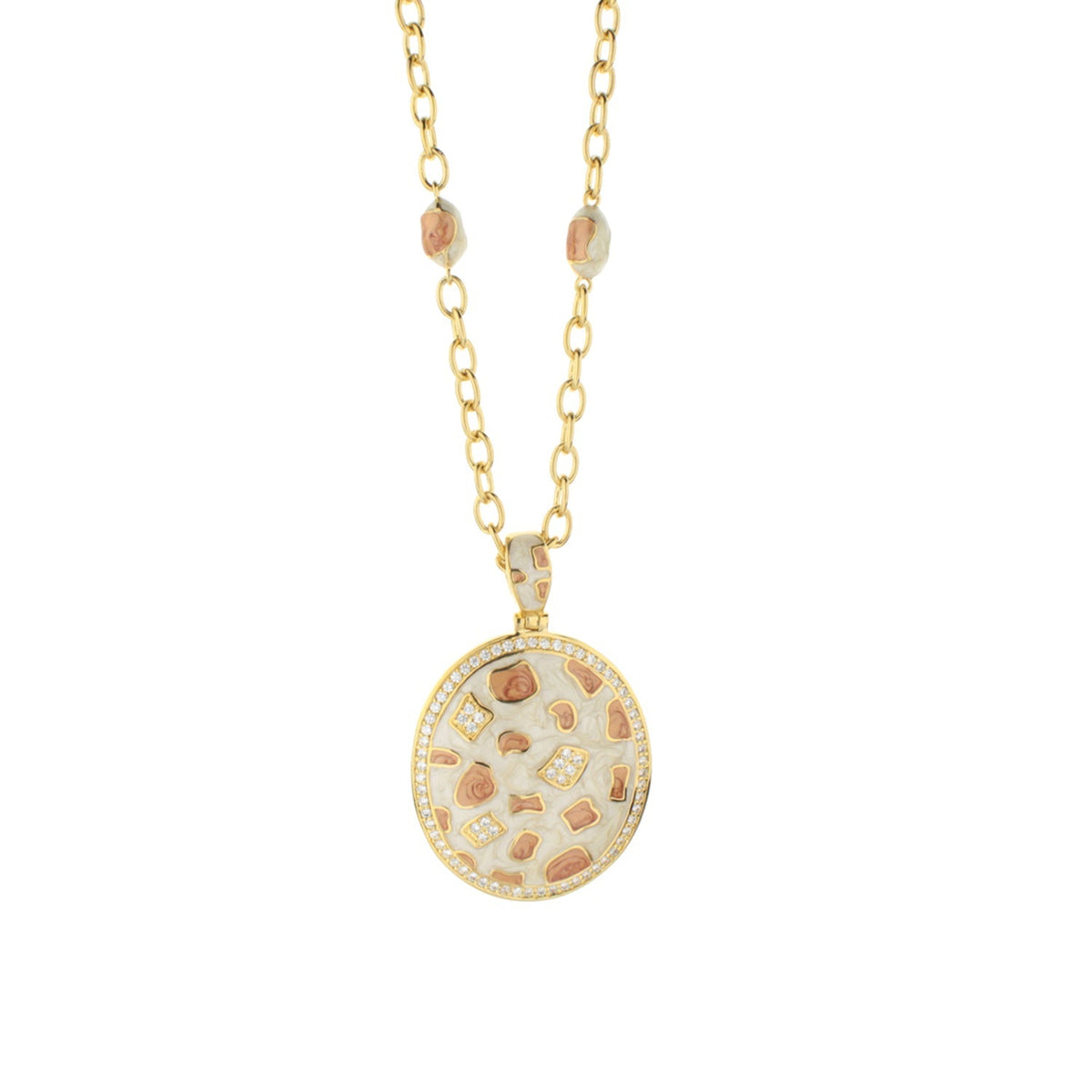 Animal Paradise Necklace gold chain with leopard print enamel round pendant edged in stones on Tampa Home & Garden Store