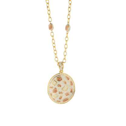 Animal Paradise Necklace gold chain with leopard print enamel round pendant edged in stones on Tampa Home & Garden Store