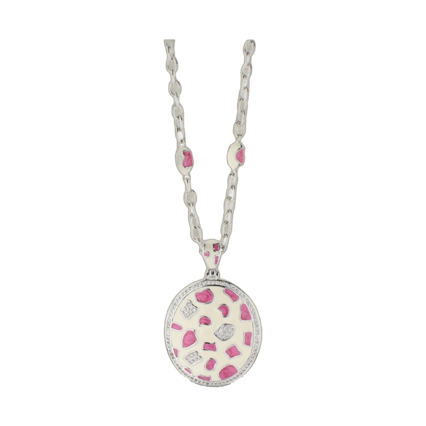 Animal Paradise Necklace silver chain with large oval pink enamel pendant and crystal rim on Tampa Home & Garden Store
