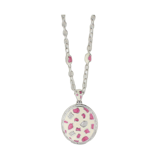 Animal Paradise Necklace silver chain with large oval pink enamel pendant and crystal rim on Tampa Home & Garden Store