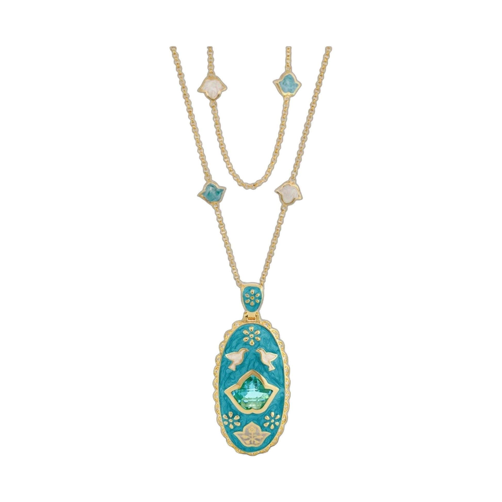 Peace and Dove Pendant Necklace, turquoise enamel dangles on gold chain by Lauren G Adams on Tampa Home & Garden Store