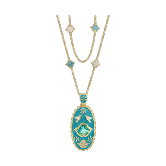 Peace and Dove pendant necklace with gold chain and several turquoise enamel charms on Tampa Home & Garden Store
