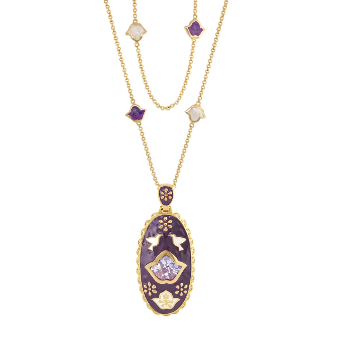 Peace and Dove pendant necklace featuring purple enamel and gold chain by Lauren G Adams on Tampa Home & Garden Store