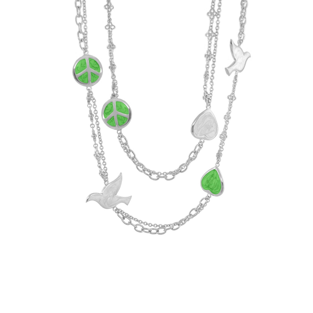 Peace And Dove Double Chain Necklace Lauren G Adams, silver-tone with green enamel peace symbols on Tampa Home & Garden Store