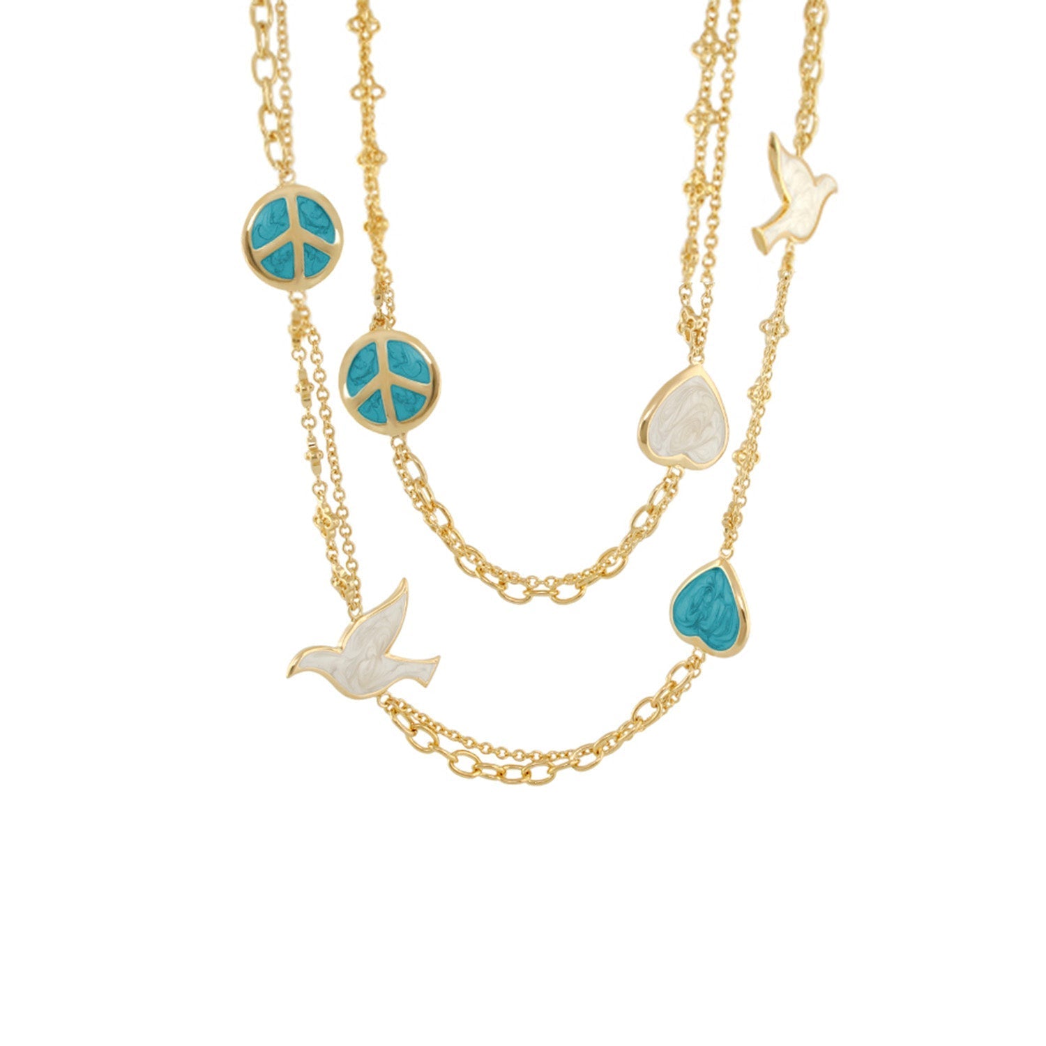 Peace And Dove Double Chain Necklace turquoise peace discs and white heart charms on gold chains on Tampa Home & Garden Store