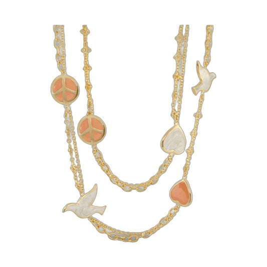 Peace And Dove Double Chain Necklace gold-tone with peace sign discs and dove charms on Tampa Home & Garden Store