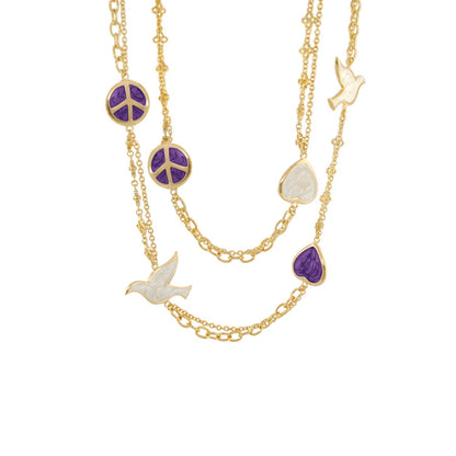 Peace And Dove Double Chain Necklace gold-tone with purple peace symbols by Lauren G Adams on Tampa Home & Garden Store