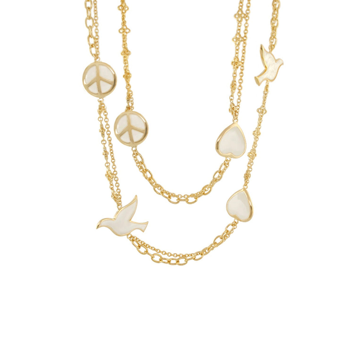 Peace And Dove Double Chain Necklace, Lauren G Adams gold-tone with peace discs and dove charms on Tampa Home & Garden Store