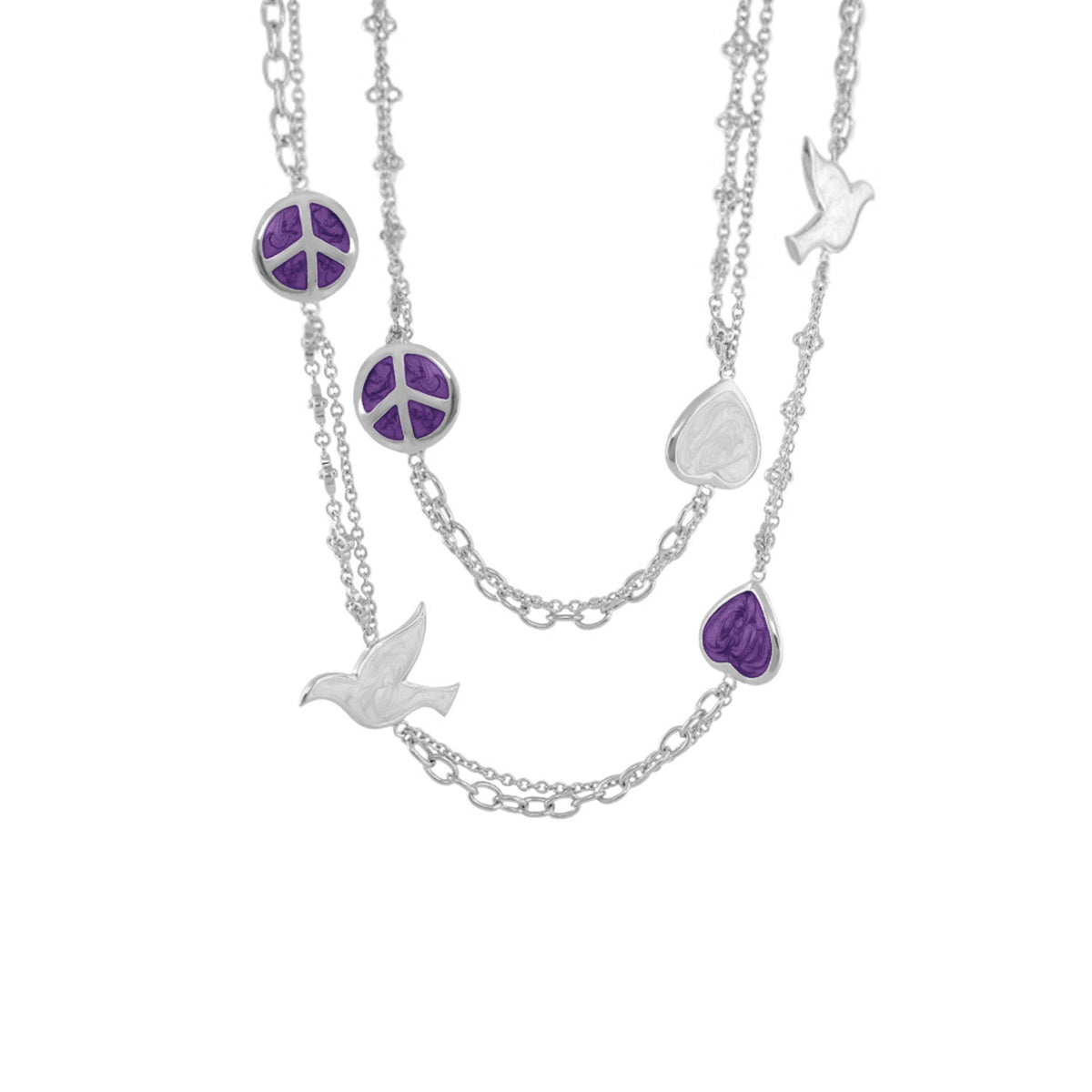 Peace And Dove Double Chain Necklace with purple enamel peace signs and dove charms on Tampa Home & Garden Store