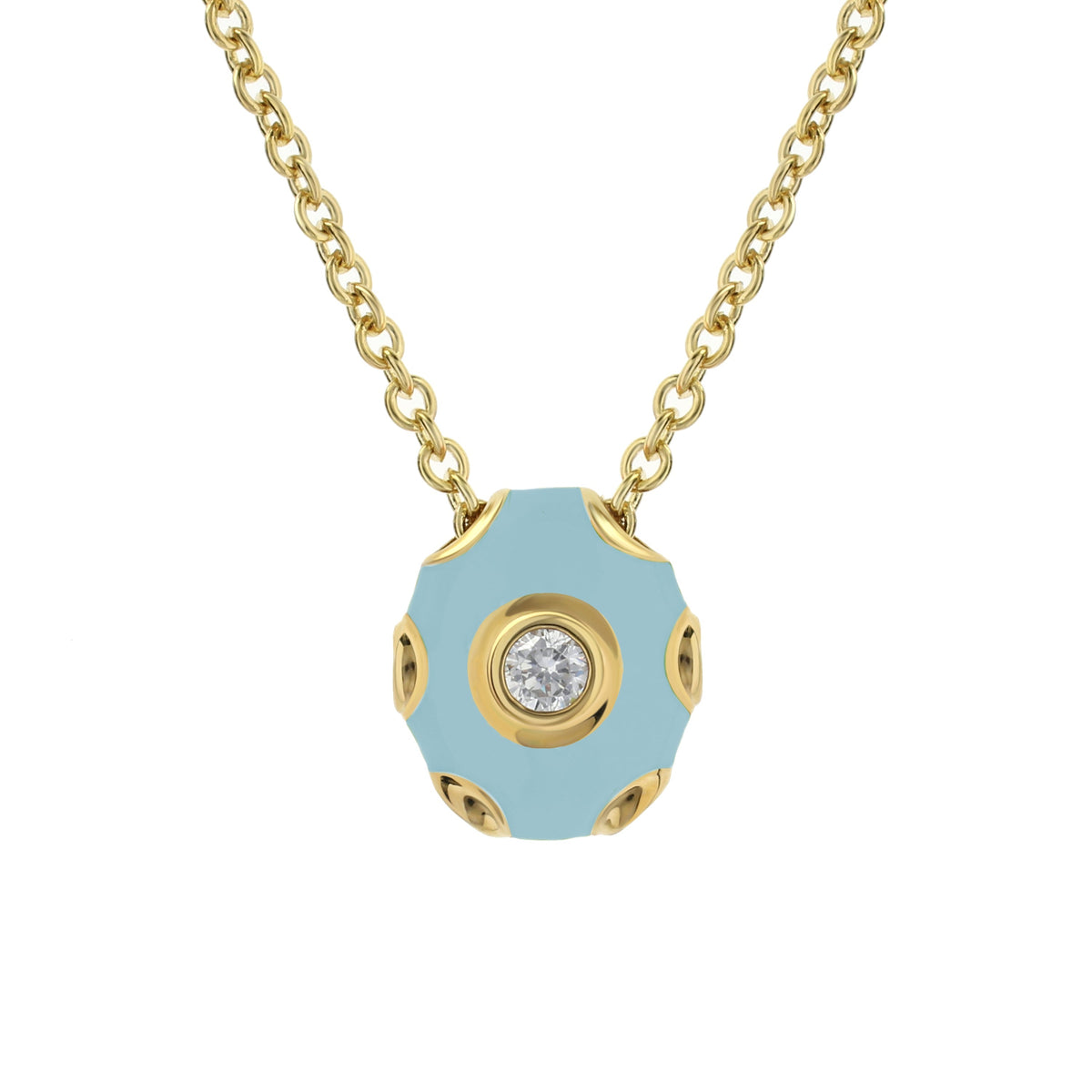 Tiny Dots Necklace by Lauren G Adams, teal hexagon pendant with crystal center on a gold chain on Tampa Home & Garden Store