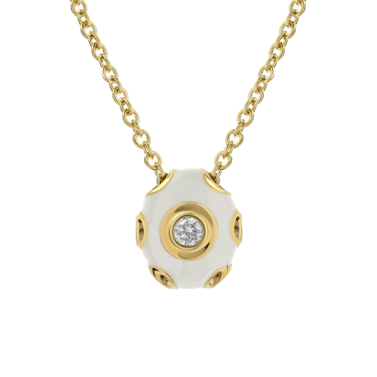 Tiny Dots Necklace by Lauren G Adams, gold chain, white ceramic pendant and crystal center on Tampa Home & Garden Store