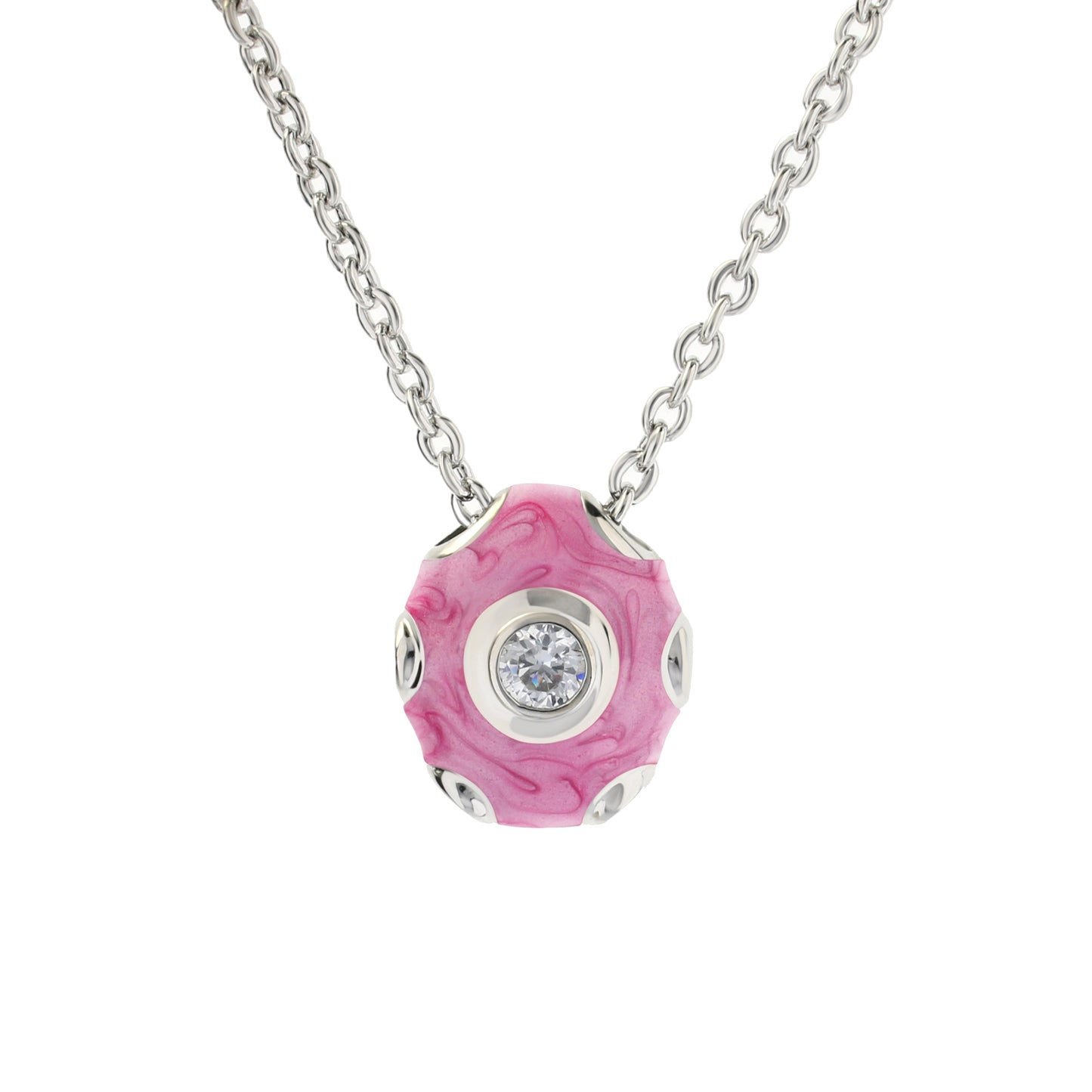 Tiny Dots Necklace with pink marbled bead and crystal centerpiece on silver link chain on Tampa Home & Garden Store