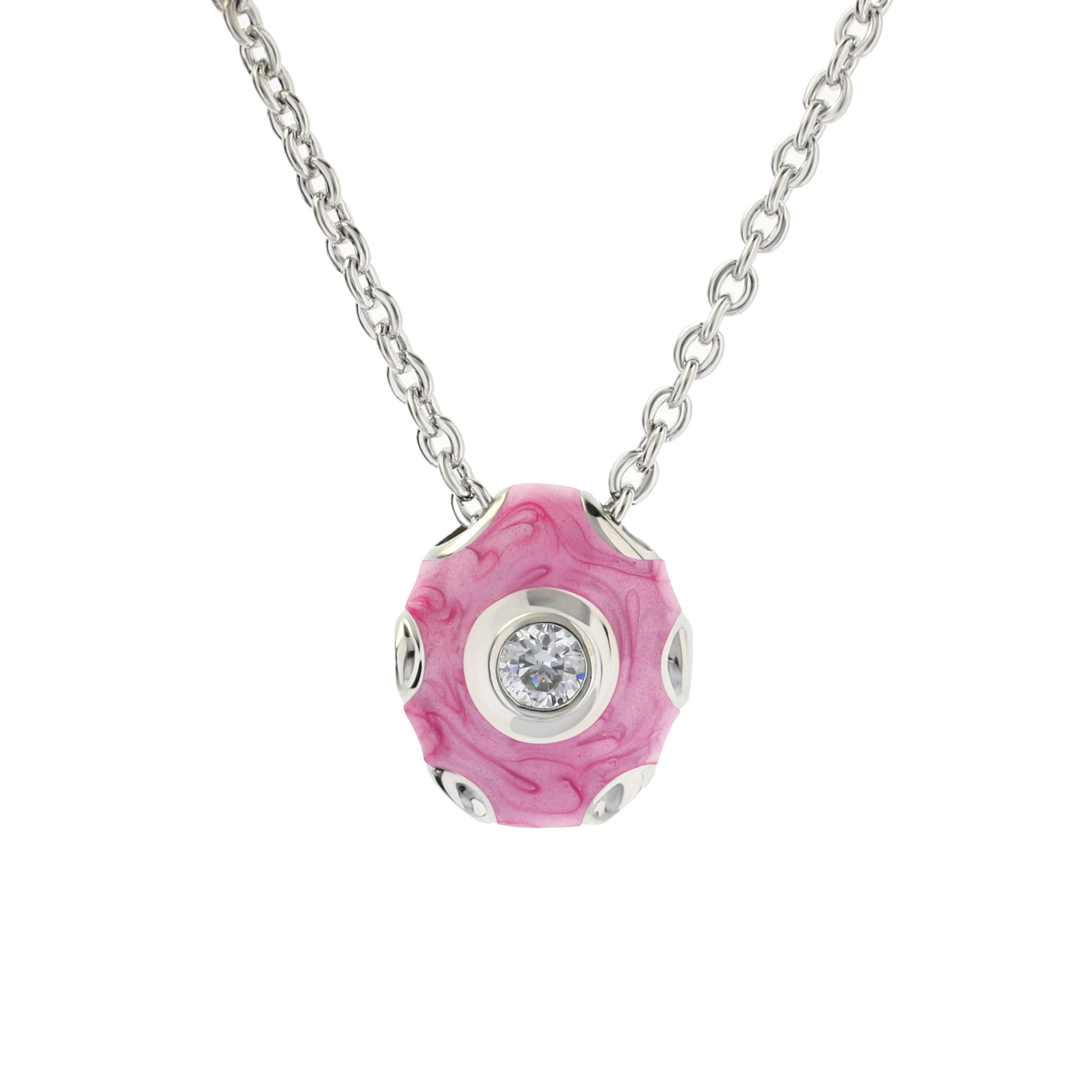 Tiny Dots Necklace with pink marbled bead and crystal centerpiece on silver link chain on Tampa Home & Garden Store
