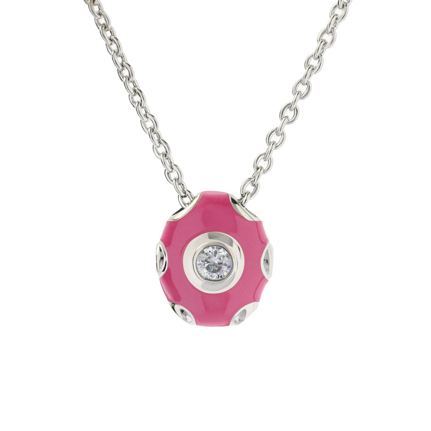Tiny Dots Necklace pink enamel pendant with crystal accents on silver chain on Tampa Home & Garden Store