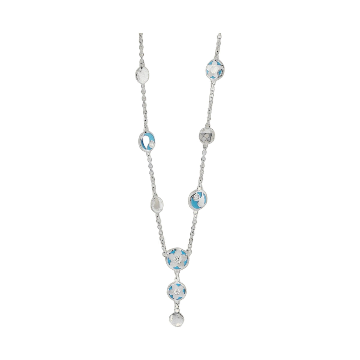 Stackable Desire Necklace by Lauren G Adams, three silver chains with blue enamel round charms on Tampa Home & Garden Store