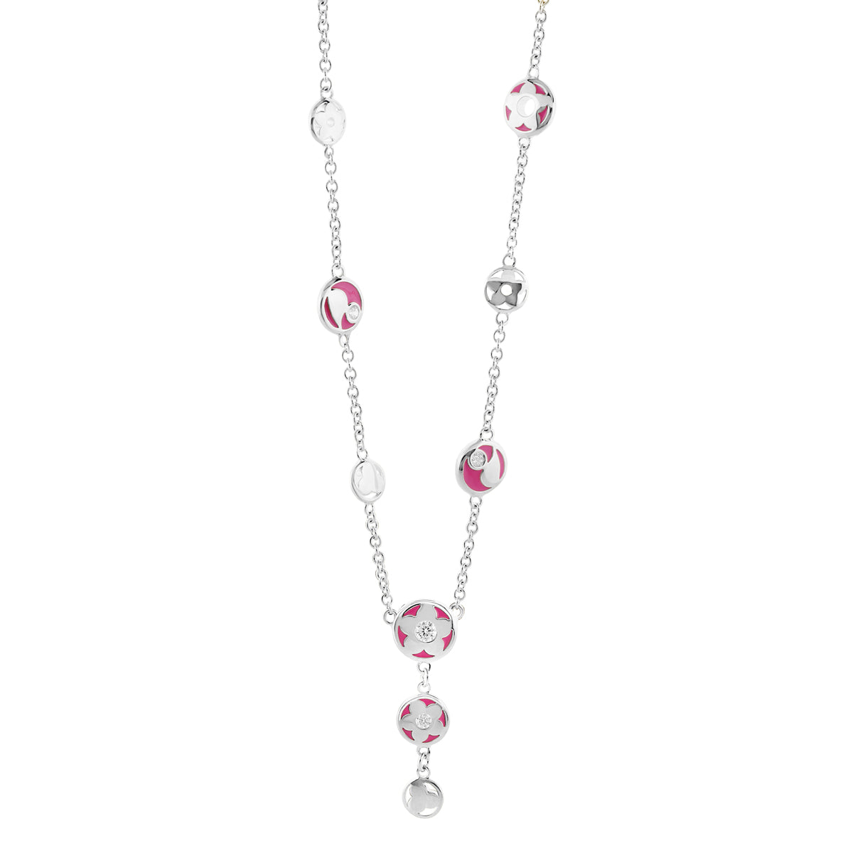 Stackable Desire Necklace by Lauren G Adams, silver chain with pink enamel circular charms on Tampa Home & Garden Store