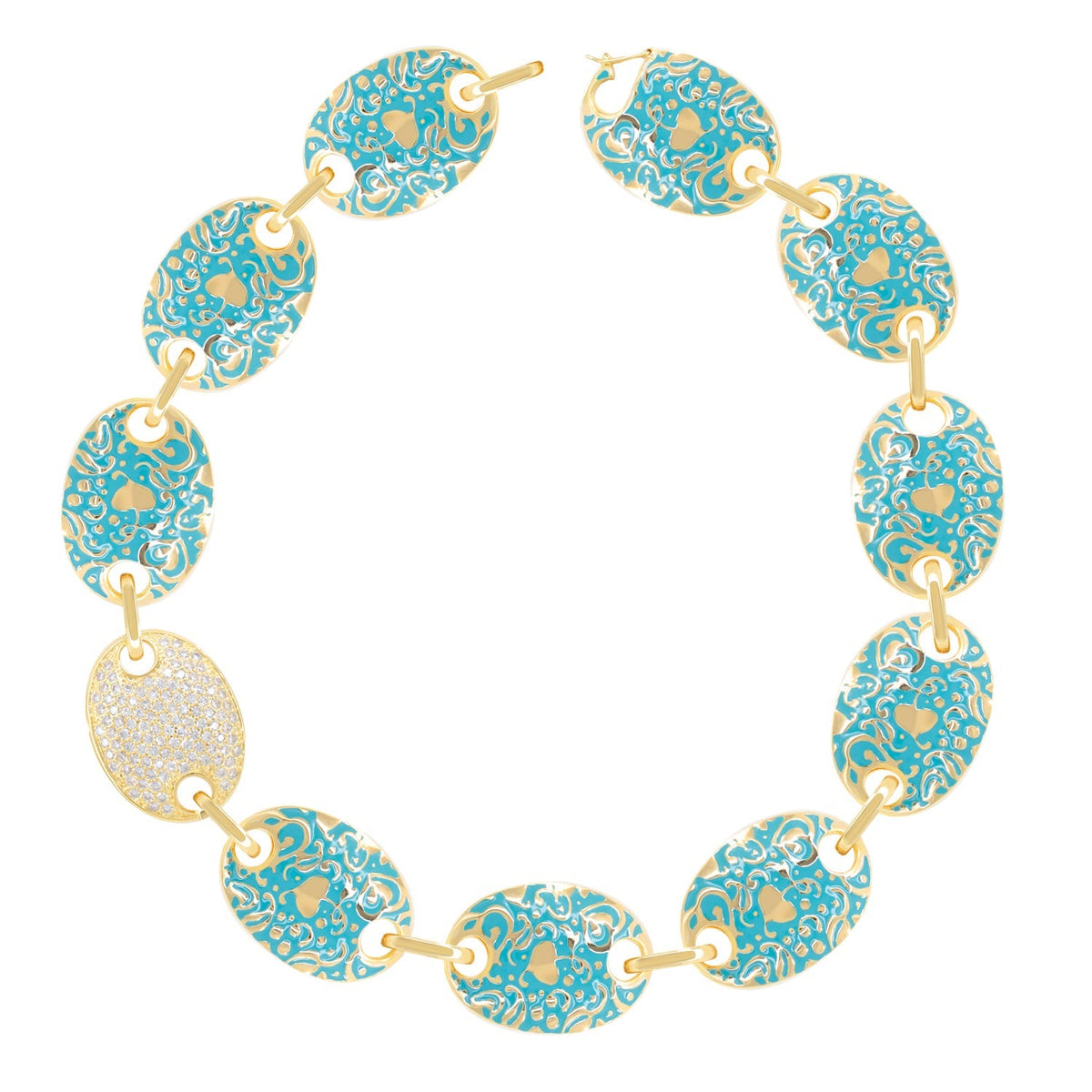 Hidden Hearts Necklaces turquoise enamel oval links with gold filigree pendant on Tampa Home & Garden Store
