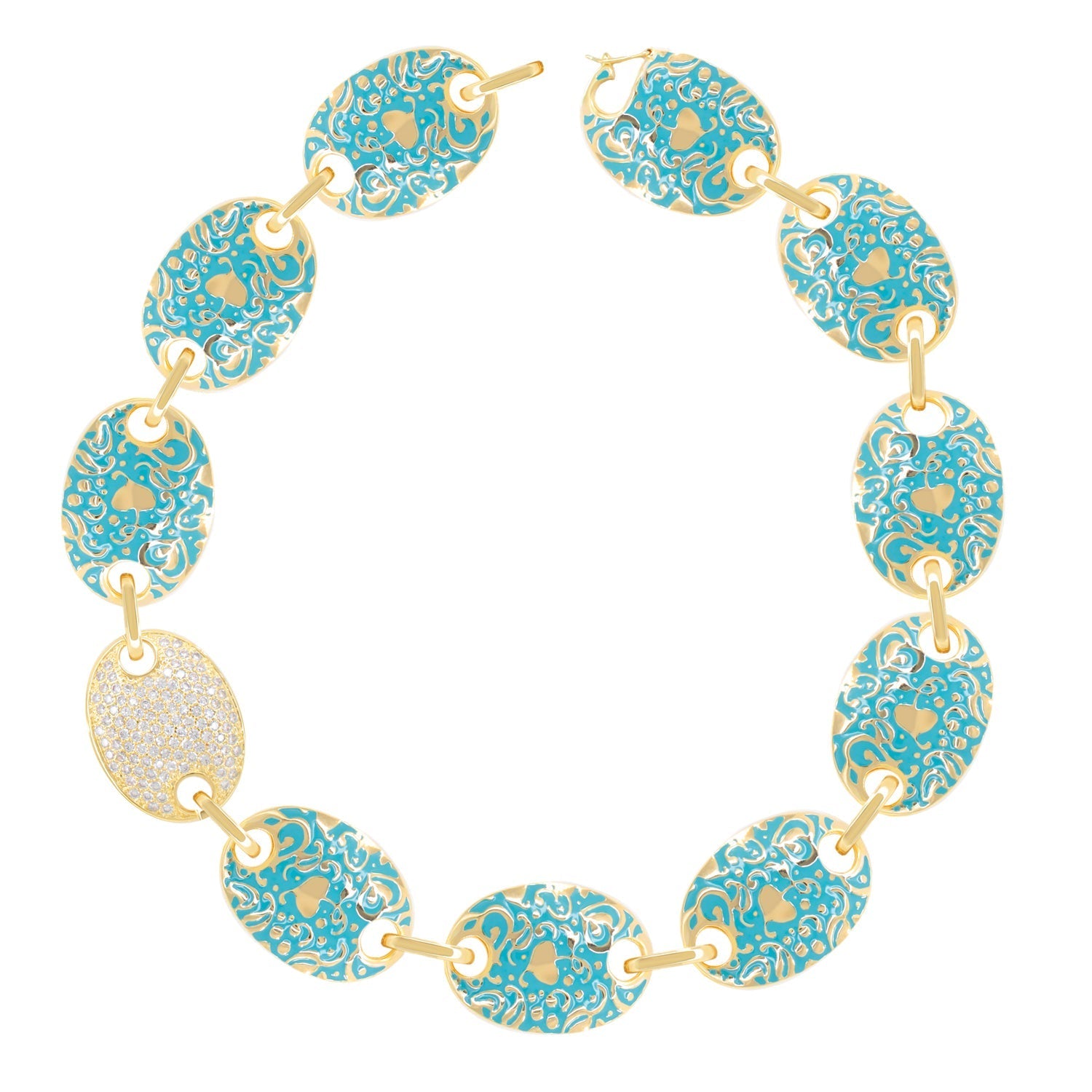 Hidden Hearts Necklaces turquoise enamel oval links with gold filigree pendant on Tampa Home & Garden Store