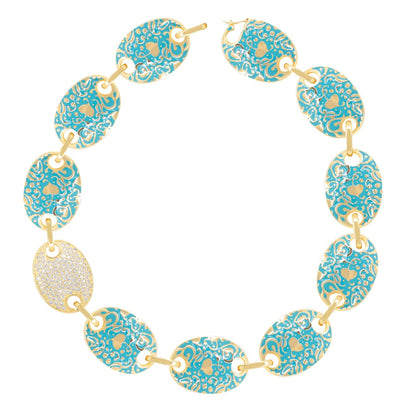 Hidden Hearts Necklaces turquoise enamel oval links with gold filigree pendant on Tampa Home & Garden Store