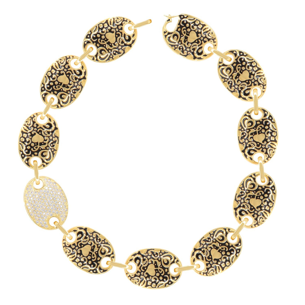 Hidden Hearts Necklaces by Lauren G Adams, gold-tone oval filigree links with heart motifs on Tampa Home & Garden Store