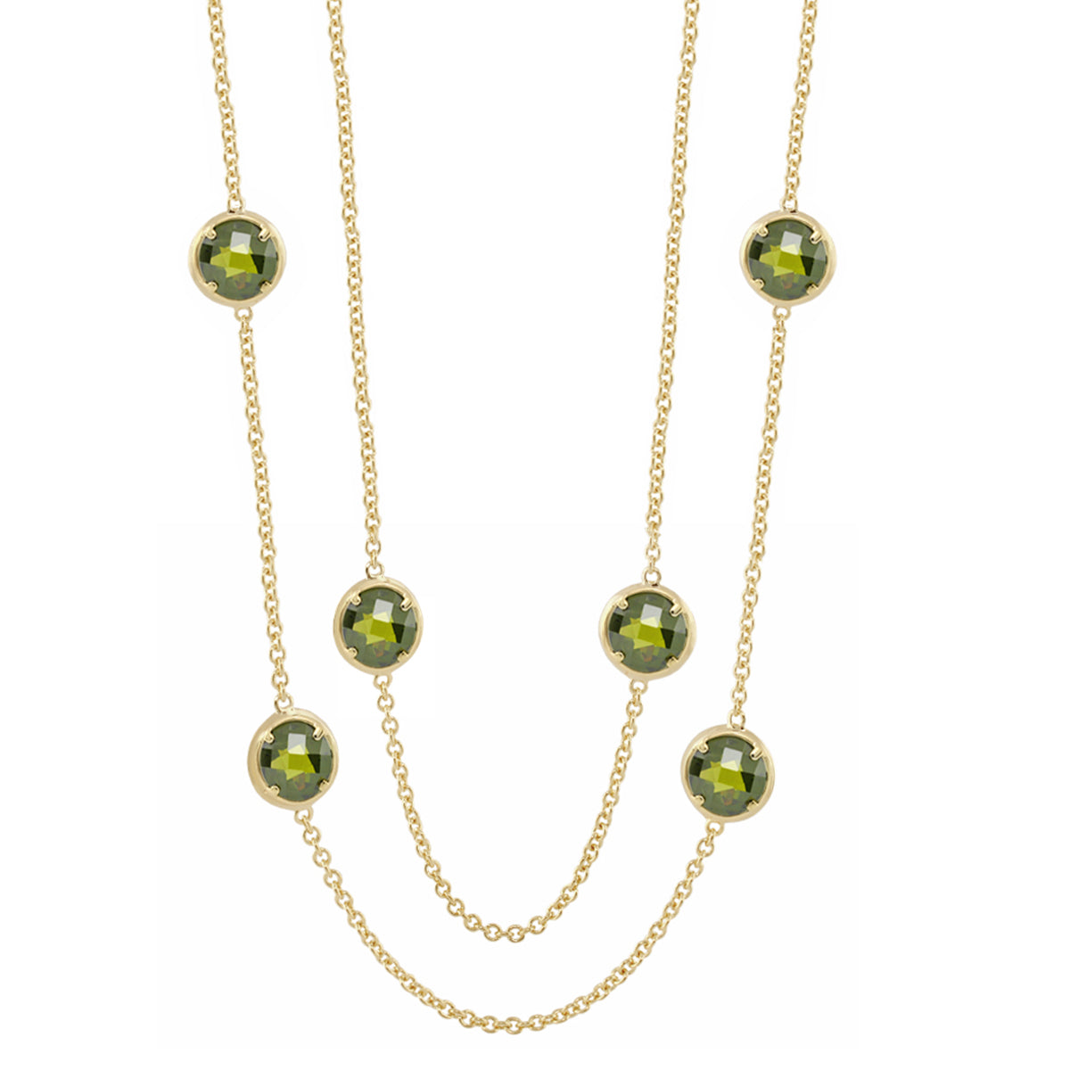 Glamour by the Yard Necklace by Lauren G Adams with green faceted stones in gold-tone bezels on delicate gold chains on Tampa Home & Garden Store