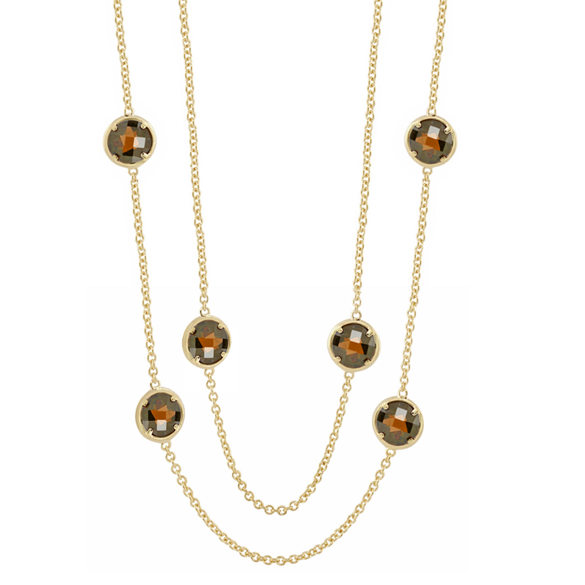 Glamour by the Yard Necklace from Lauren G Adams; gold-tone dual chains with round smoky quartz bezel-set stones on Tampa Home & Garden Store