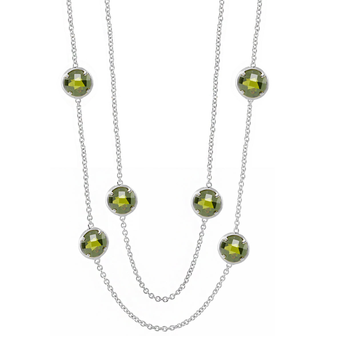 Glamour by the Yard Necklace with olive-green stones in silver bezels along a silver chain on Tampa Home & Garden Store