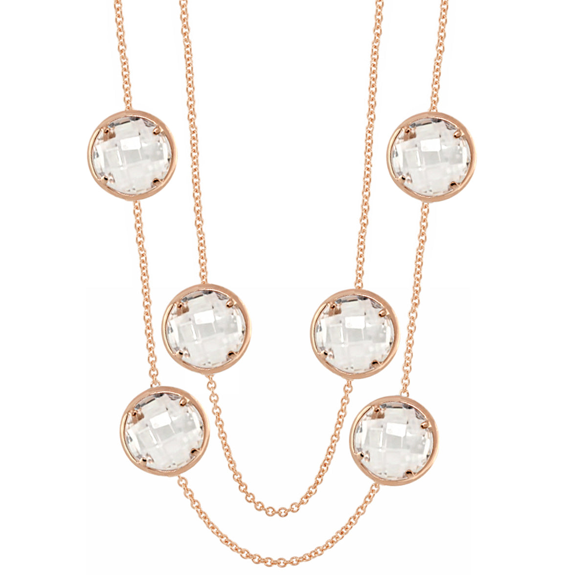 Glamour by the Yard Necklace rose gold tone with six clear round crystals on layered chains on Tampa Home & Garden Store