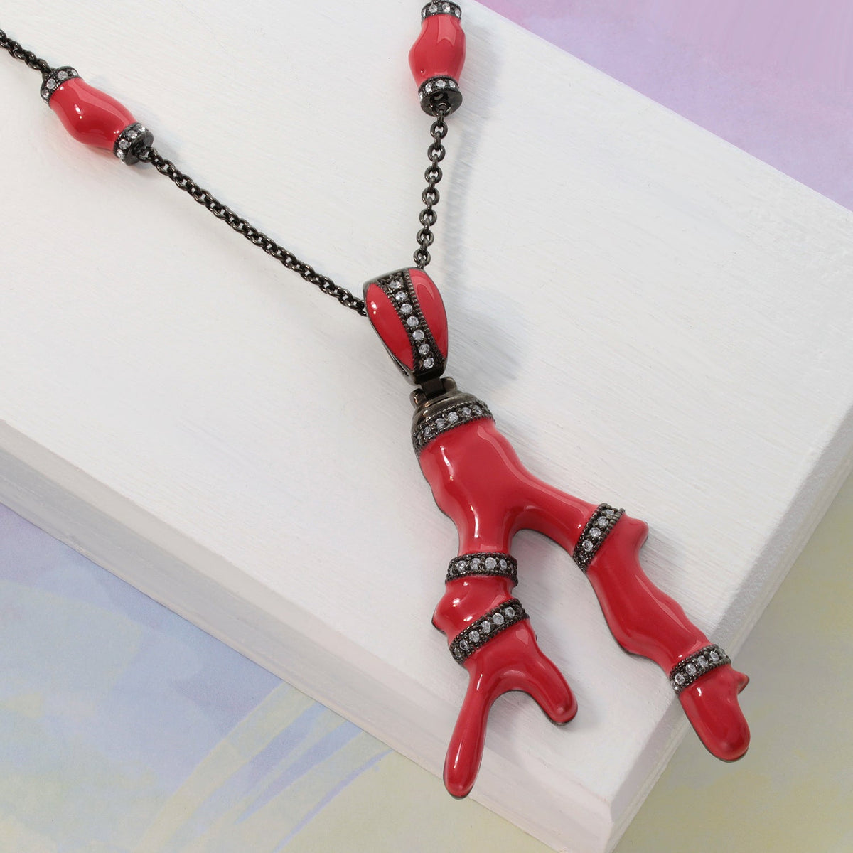 Pretty Little Things Necklace red coral beads with rhinestone bands on gunmetal chain on Tampa Home & Garden Store