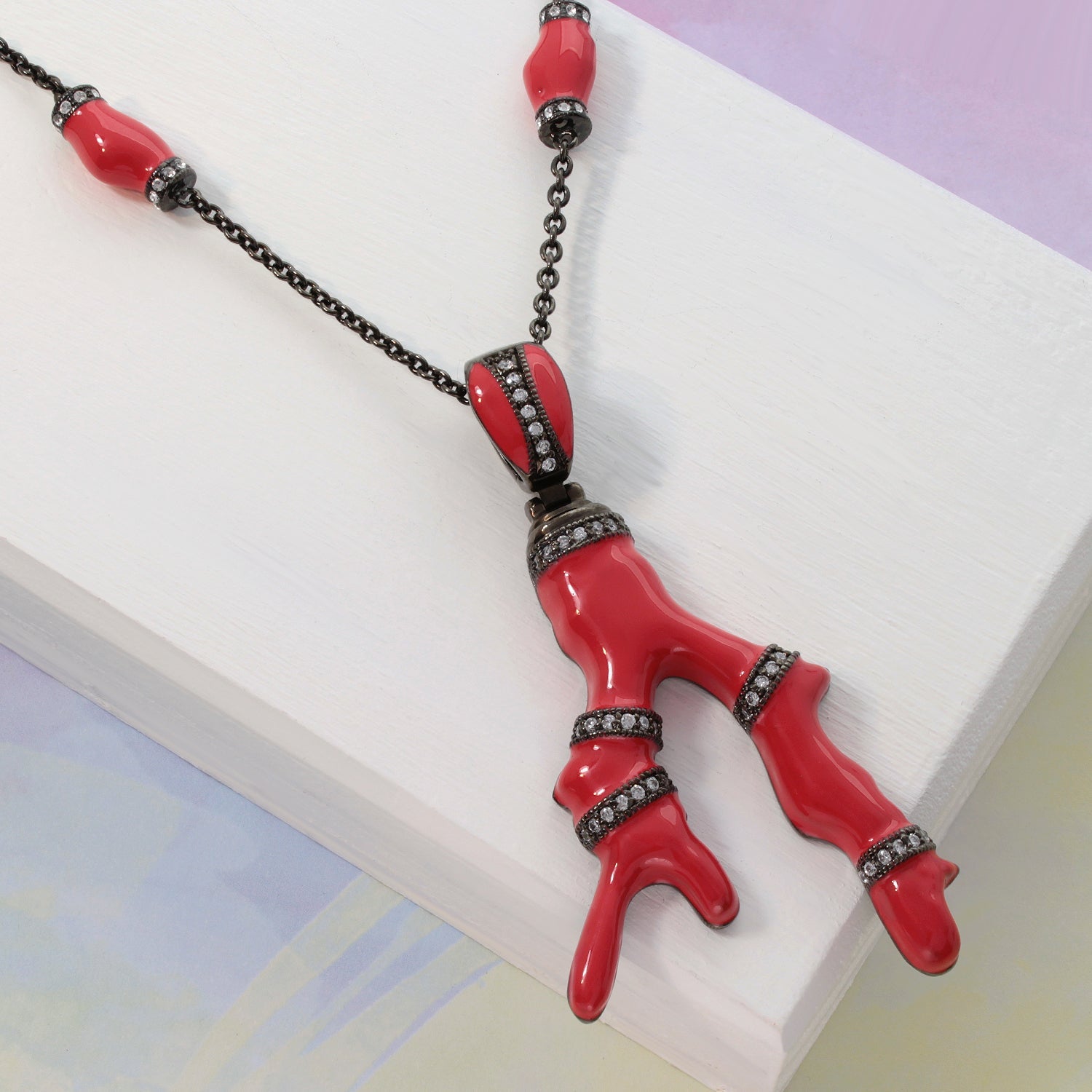 Pretty Little Things Necklace red coral beads with rhinestone bands on gunmetal chain on Tampa Home & Garden Store