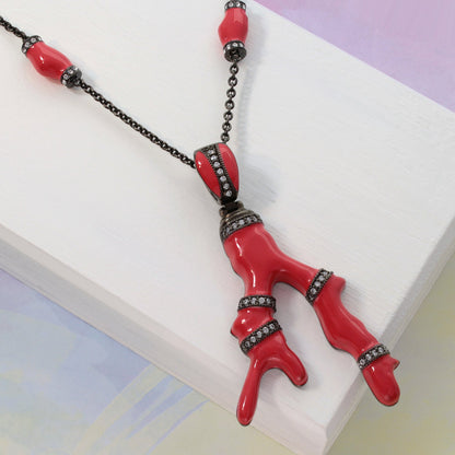 Pretty Little Things Necklace red coral beads with rhinestone bands on gunmetal chain on Tampa Home & Garden Store