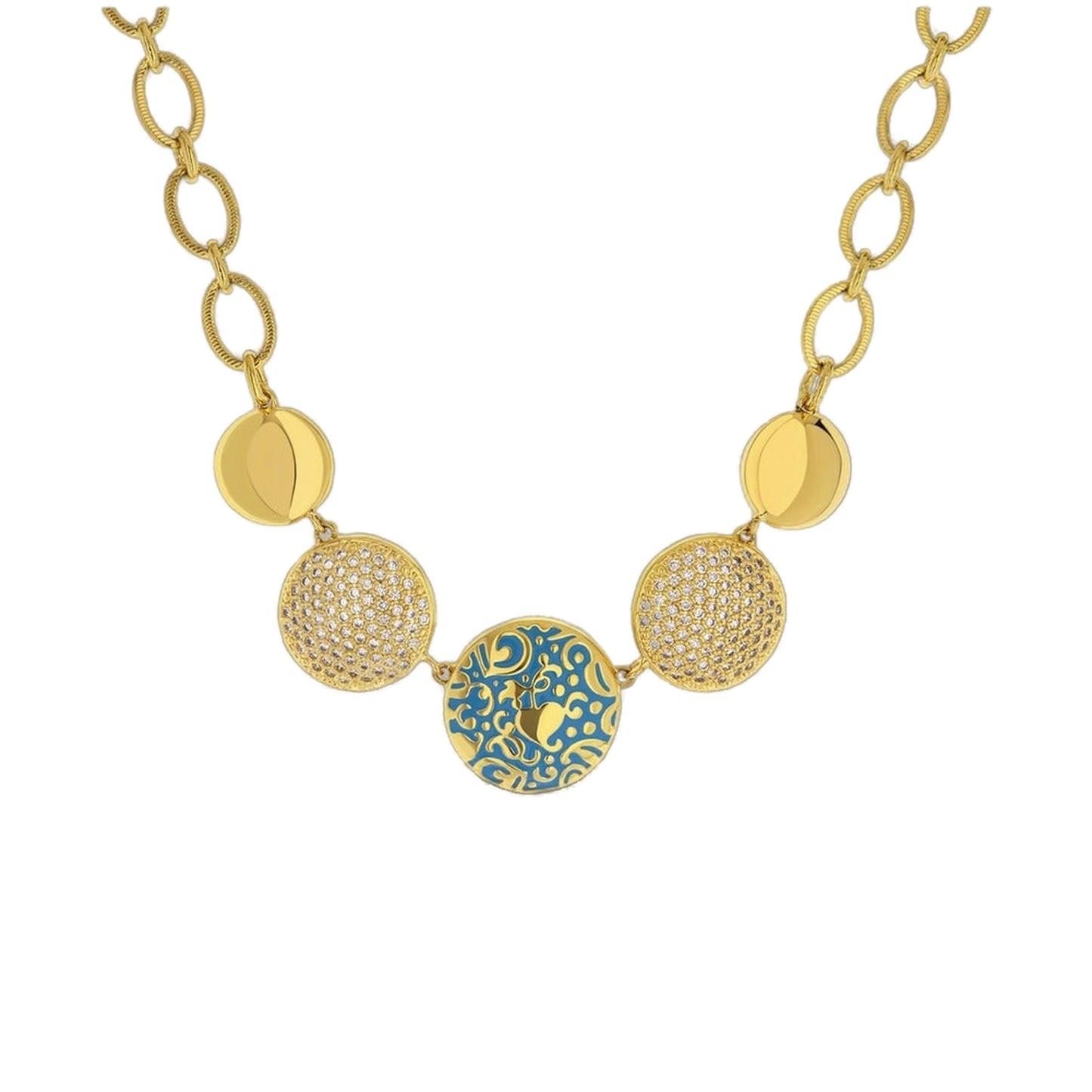 Hidden Hearts Necklace, short gold-tone necklace with linked circular charms and pavé discs on Tampa Home & Garden Store