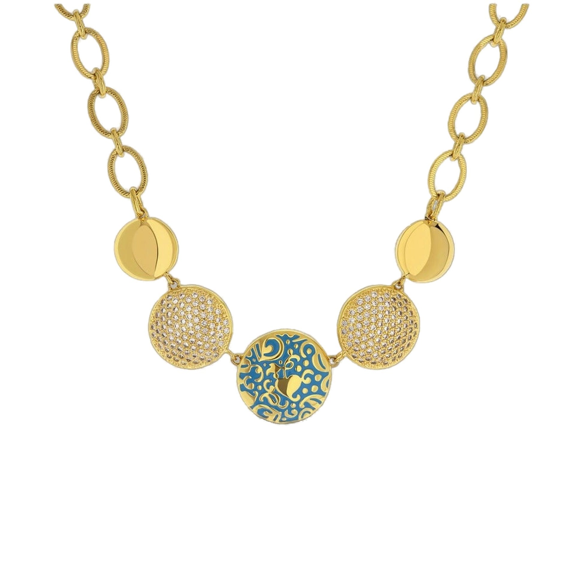 Hidden Hearts Necklace, short gold-tone necklace with linked circular charms and pavé discs on Tampa Home & Garden Store