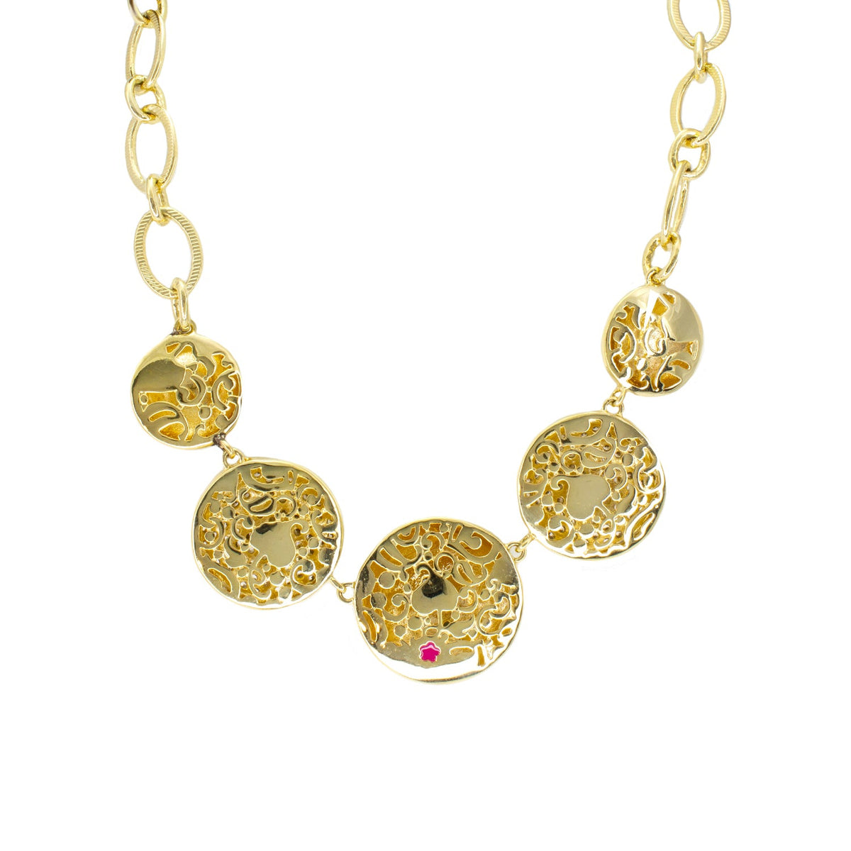 Gold Hidden Hearts Short Necklace by Lauren G Adams with filigree discs and pink gem on Tampa Home & Garden Store