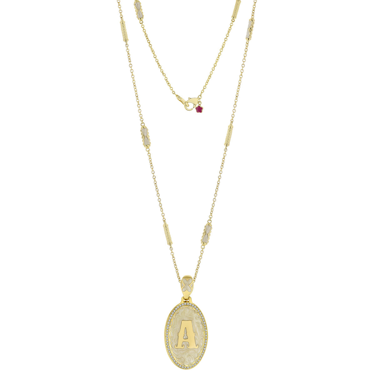 Lolo Initial Pendant Necklace by Lauren G Adams, gold-tone oval A with pavé rim on long chain on Tampa Home & Garden Store