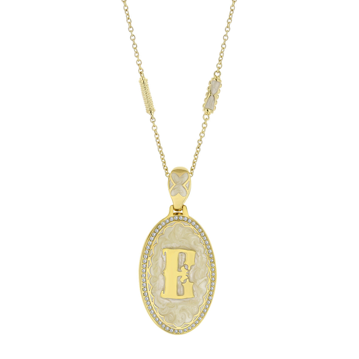 Gold-tone Lolo Initial Pendant Necklace with oval medallion, E initial, crystal border on Tampa Home & Garden Store