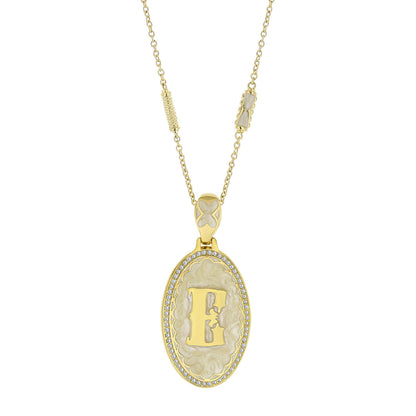 Gold-tone Lolo Initial Pendant Necklace with oval medallion, E initial, crystal border on Tampa Home & Garden Store