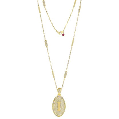 Lolo Initial Pendant Necklace gold-tone layered chain with oval pendant; crystal border, red gem on Tampa Home & Garden Store