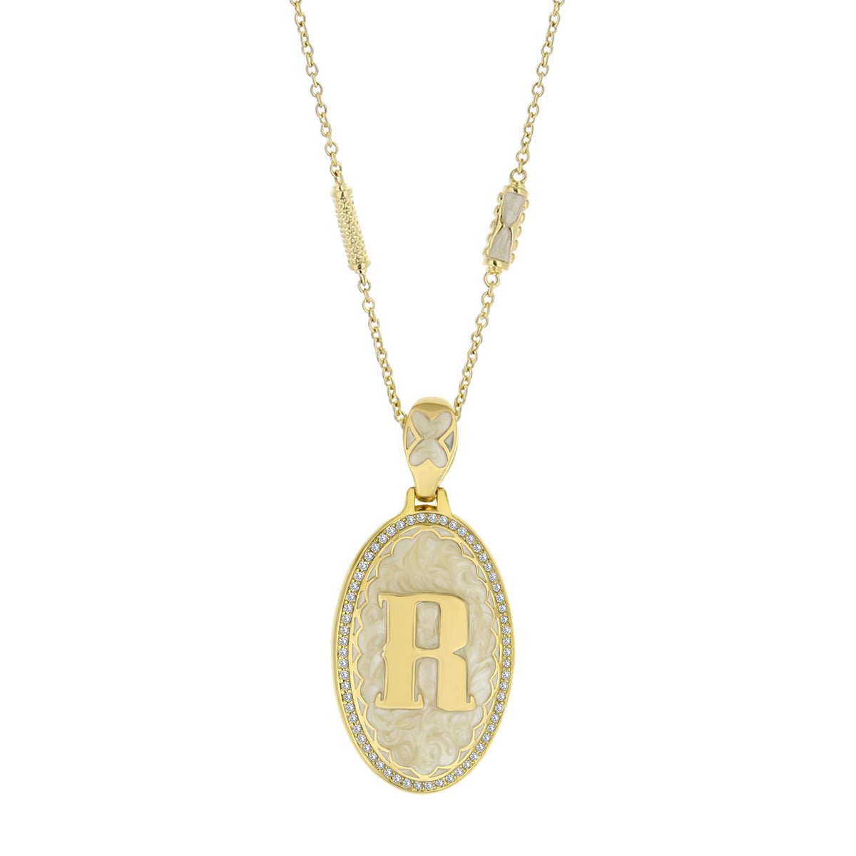 Lolo Initial Pendant Necklace in gold with oval cameo, diamond halo, R initial, Lauren G Adams on Tampa Home & Garden Store